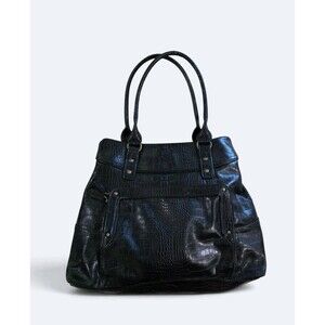 Emilie M Black Faux Croc Shoulder Tote Bag Handbag Multi Compartment